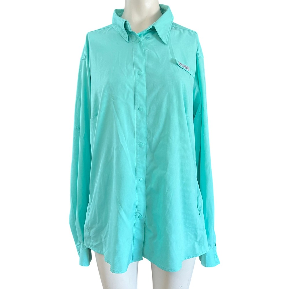 Columbia PFG Women 2X Aqua Turquoise Long Sleeve Vented Fishing Shirt Snap Front
